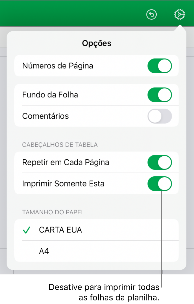 O painel de visualização de impressão, com controles para mostrar números de página, repetir cabeçalhos em cada página, alterar o tamanho do papel e optar por imprimir toda a planilha ou apenas a folha atual.