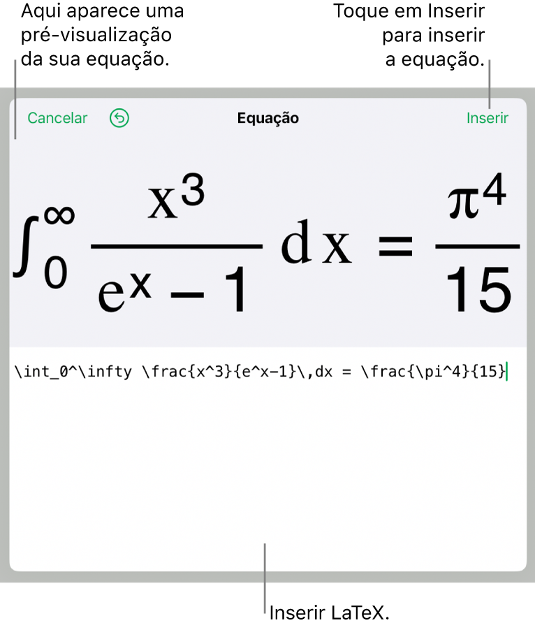 O diálogo de Equação, mostrando uma equação escrita com comandos LaTex e uma pré-visualização da fórmula acima.