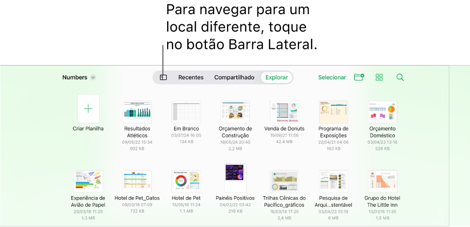 A visualização de navegação do gerenciador de documentos com um link de local no canto superior esquerdo e abaixo um campo de Busca. No canto superior direito estão o botão Adicionar Planilha, o botão Nova Pasta, um menu pop-up para selecionar visualização como ícones ou em lista e para filtrar por nome, data, tamanho, tipo e etiqueta, e o botão Selecionar. Abaixo, encontram-se miniaturas de planilhas existentes.