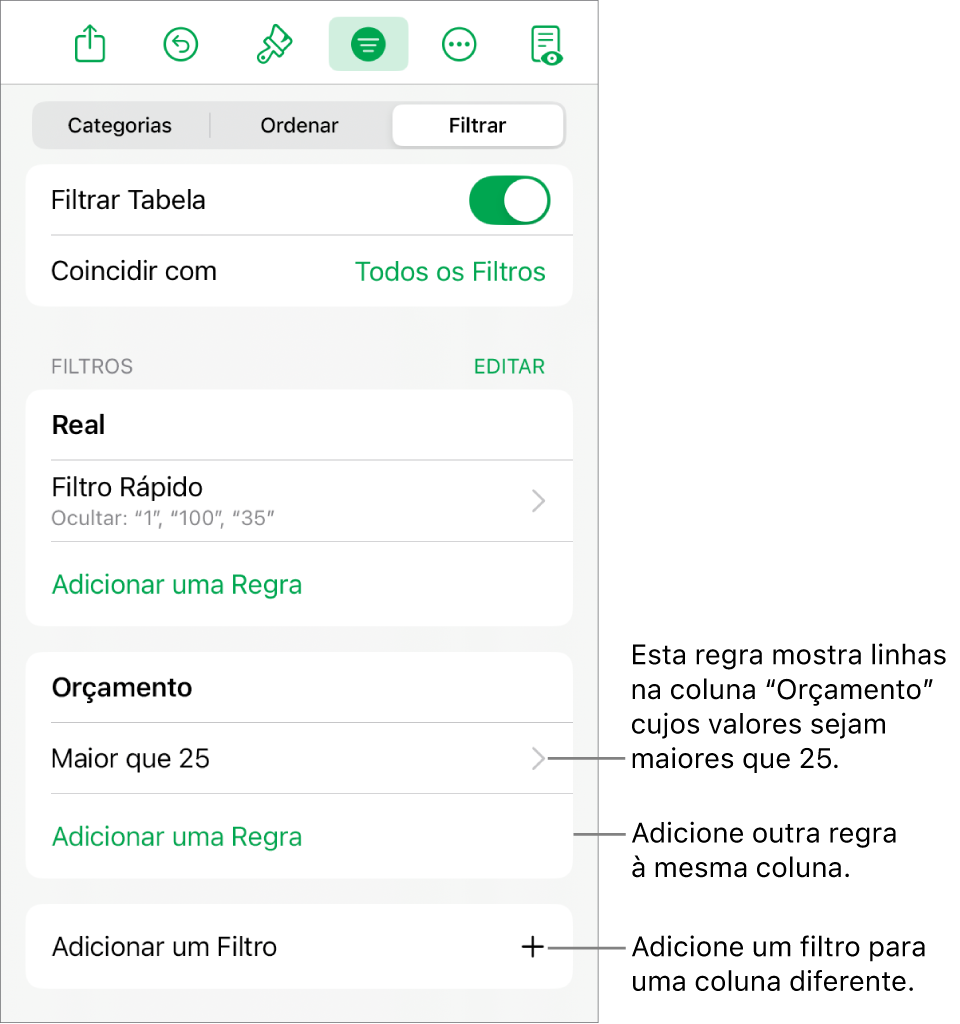 Controles para adicionar novas regras de filtragem ou editar as existentes.