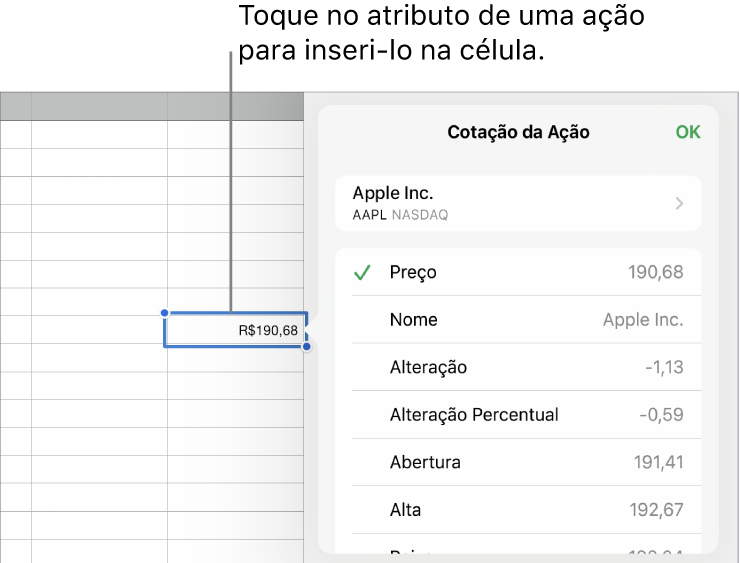 Popover de cotação da ação com o nome da ação na parte superior e atributos selecionáveis da ação, incluindo preço, nome, alteração, abertura e máximo na lista abaixo.