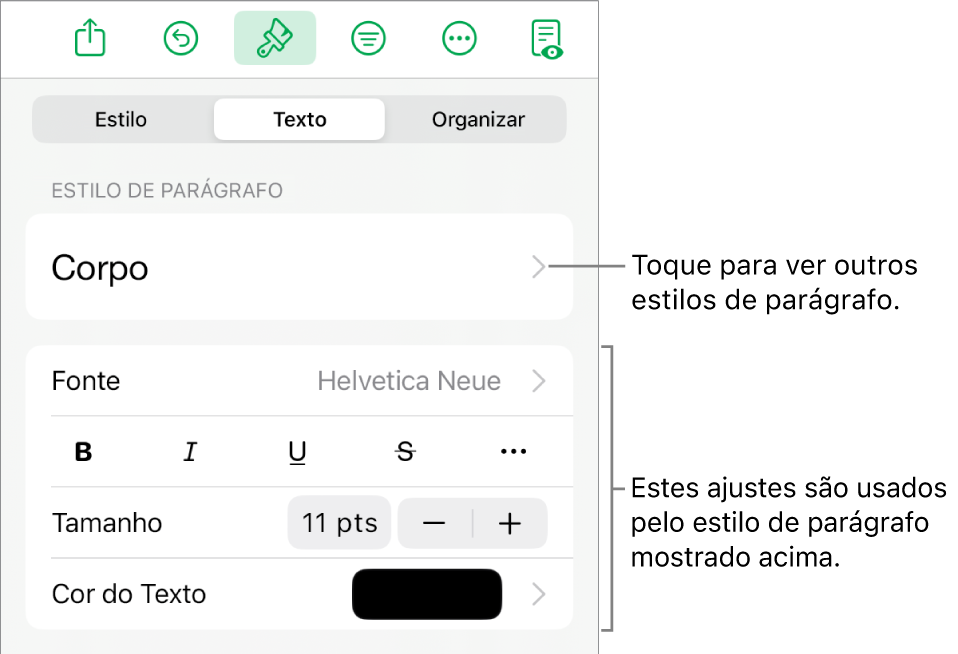 O menu Formatar, mostrando controles de texto para definir estilo, fonte, tamanho e cor de caractere e parágrafo.