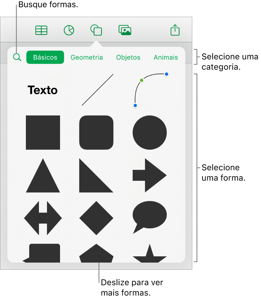 A biblioteca de formas, com categorias na parte superior e formas exibidas abaixo. Você pode utilizar o campo de pesquisa na parte superior e deslizar para ver mais.