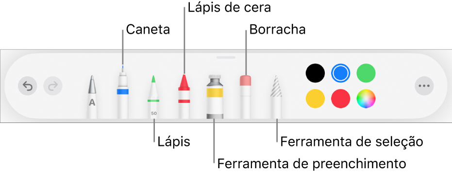 As barra de ferramentas de desenho com uma caneta, lápis, lápis de cera, ferramenta de preenchimento, borracha, ferramenta de seleção e o seletor de cores a apresentar a cor atual. Na extremidade direita encontra-se o botão de menu "Mais”.