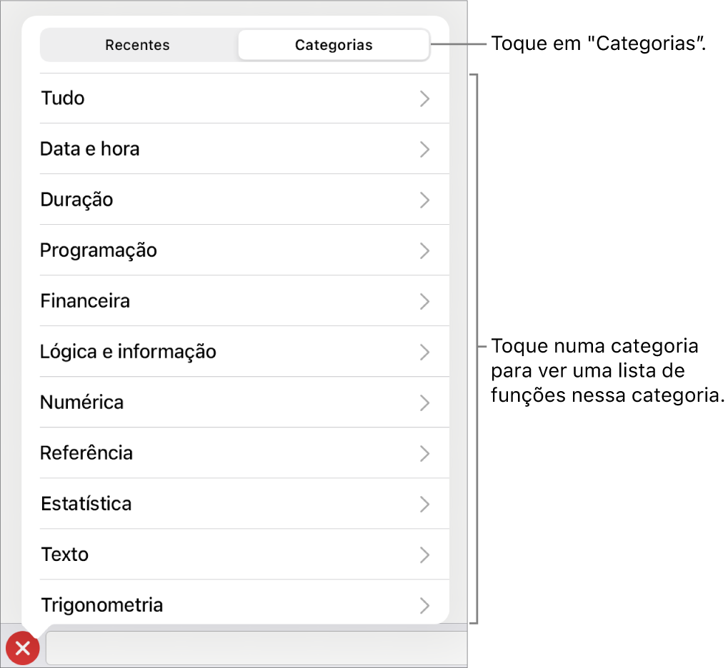 O navegador de funções com o botão "Categorias” selecionado e a lista de categorias por baixo.
