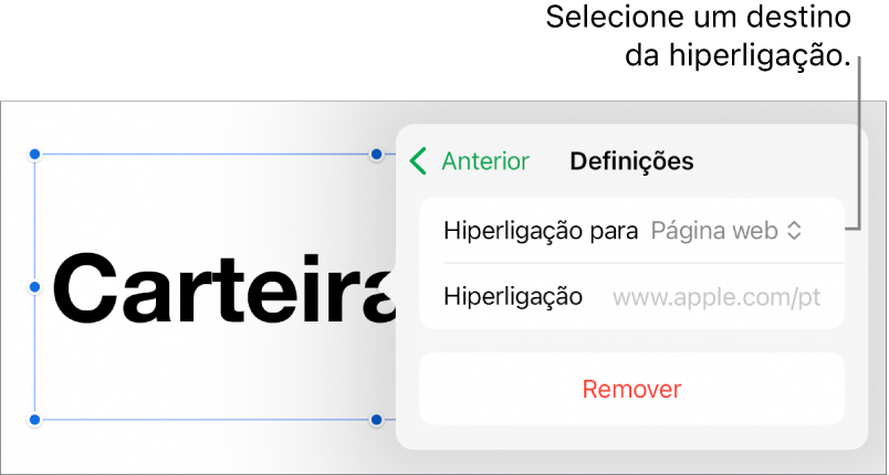 Os controlos “Definições” com a página web selecionada e o botão “Remover” na parte inferior.