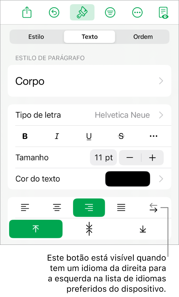 A secção “Estilo” do menu “Formatação” com uma chamada para o botão "Da direita para a esquerda”.