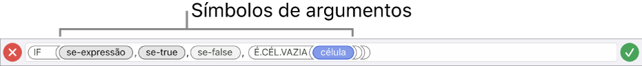 O editor de fórmulas a mostrar uma função com símbolos de argumentos.