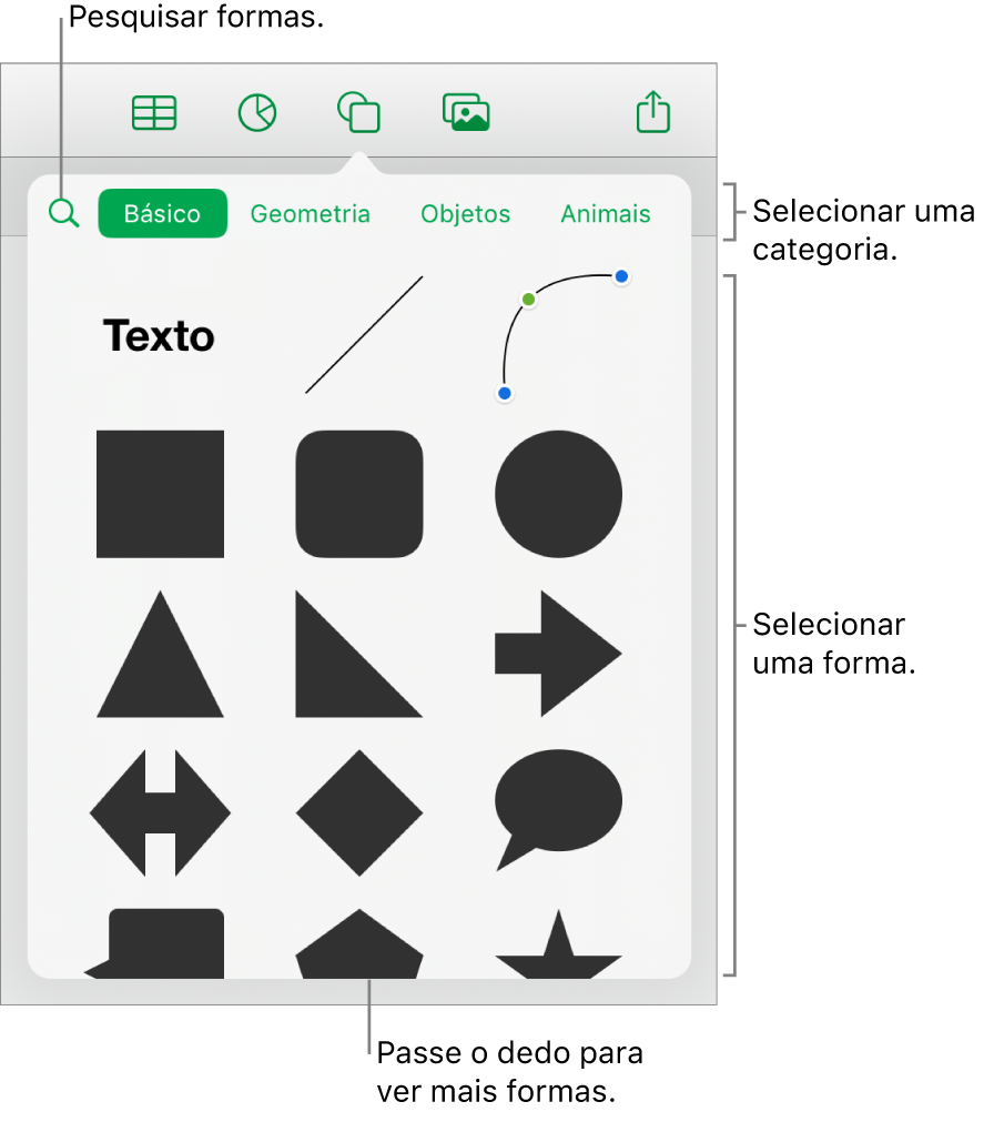 A biblioteca de formas, com as categorias exibidas na parte superior e as formas na parte inferior. É possível usar o campo de pesquisa na parte superior para encontrar formas e passar os dedos para ver mais.