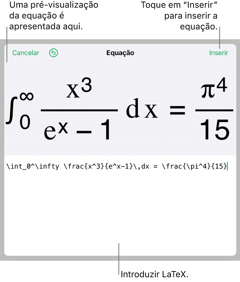 A caixa de diálogo “Equação”, apresentando uma equação escrita com recurso aos comandos LaTeX e uma pré-visualização da fórmula em cima.