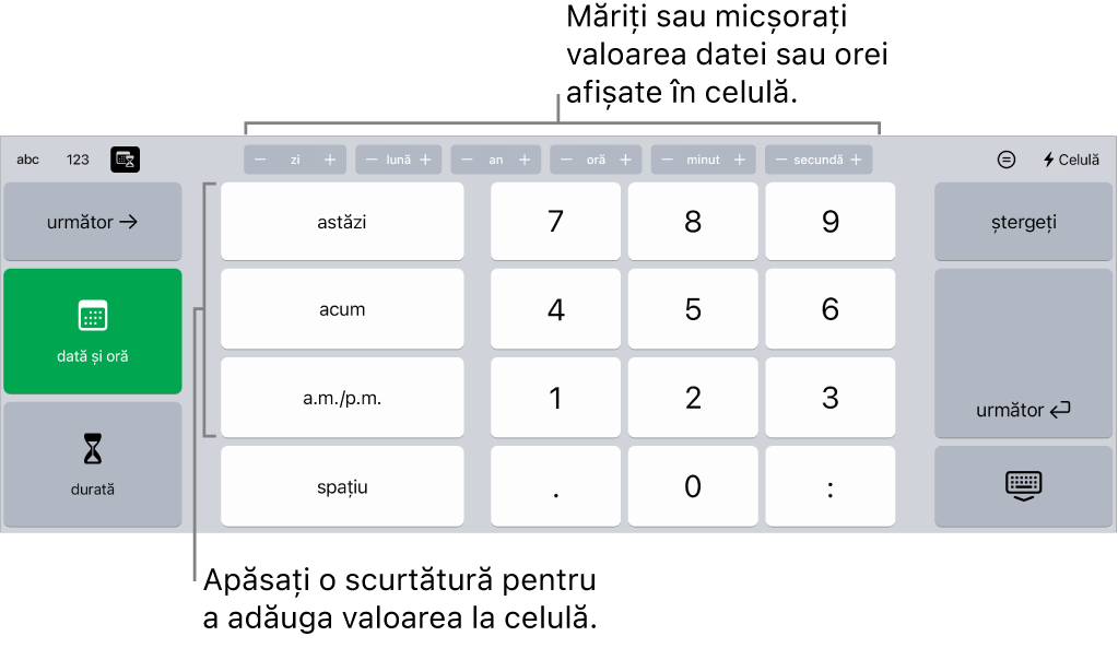 Tastatura dată și oră. Butoanele din partea de sus afișează unitățile de timp (lună, zi, an și oră) pe care le puteți incrementa pentru a schimba valoarea afișată în celulă. Pe stânga se află tastele pentru comutarea între tastatura pentru dată și oră și cea pentru durată, iar în centrul tastaturii sunt taste numerice.