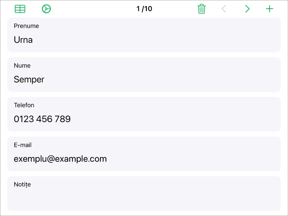O înregistrare dintr-un formular având câmpuri pentru nume, număr de telefon, adresă de e-mail și altele. De asemenea, comenzile pentru vizualizarea tabelului asociat, de configurare a formularului și comutare între înregistrări se află în partea de sus.