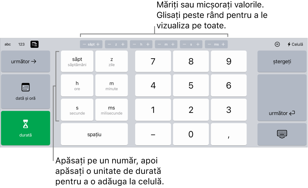 Tastatura durată cu butoanele în partea centrală superioară care afișează unități de timp (săptămâni, zile și ore) pe care le puteți incrementa pentru a schimba valoarea în celulă. Pe stânga se află taste pentru săptămâni, zile, ore, minute, secunde și milisecunde. Tastele numerice sunt în centrul tastaturii.