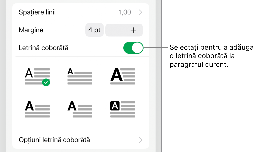 Comenzile Letrină coborâtă situate în meniul Text.