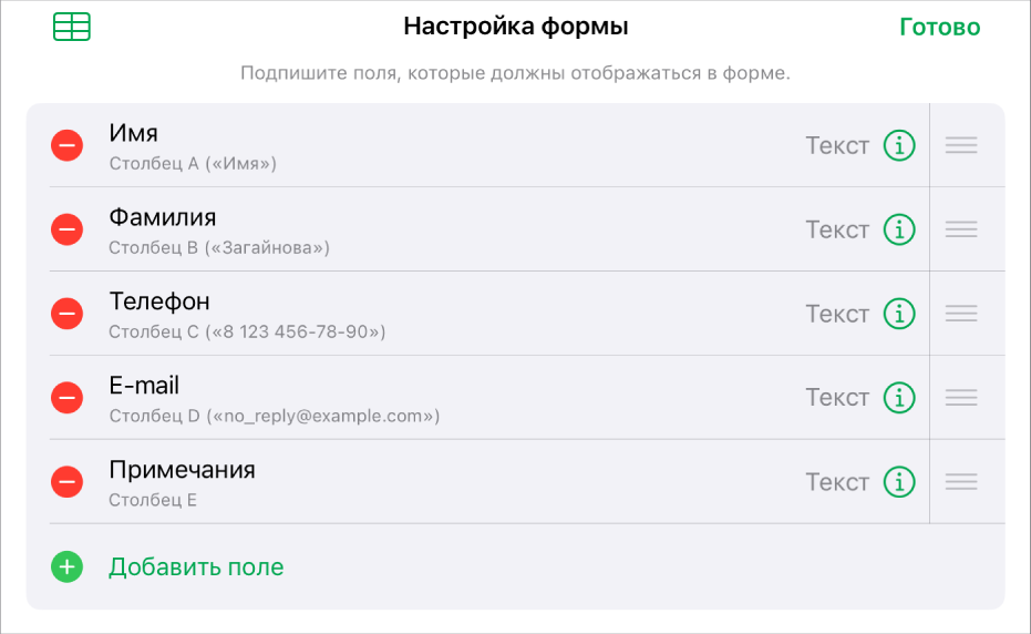 Элементы управления настройки формы. Показаны параметры для добавления, редактирования, изменения порядка и удаления полей, а также для изменения формата полей (например, из «Текст» в «Проценты»).