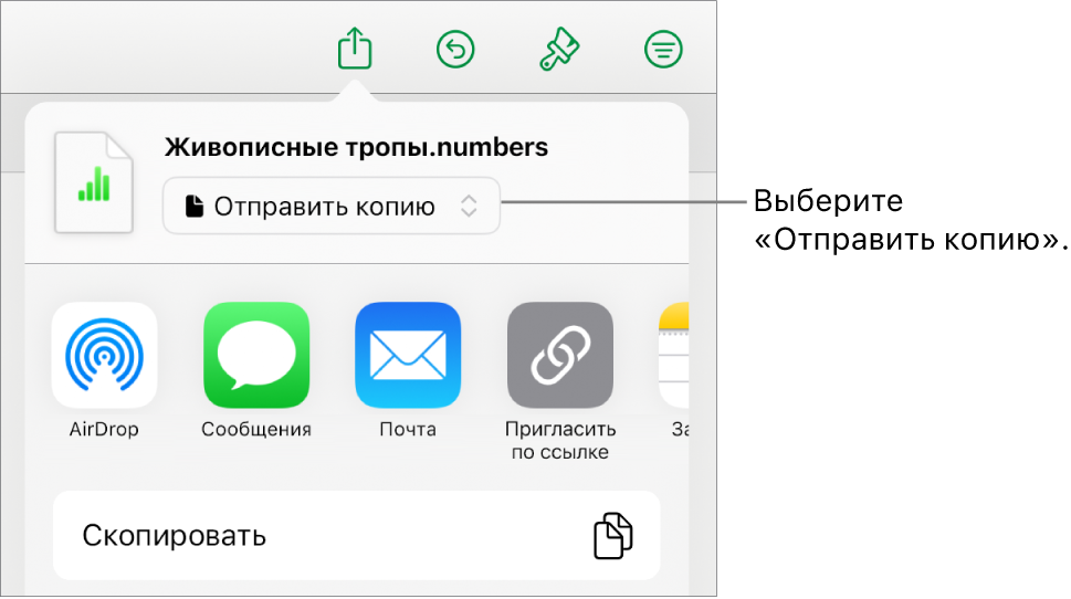 В верхней части меню «Поделиться» выбран параметр «Отправить копию».