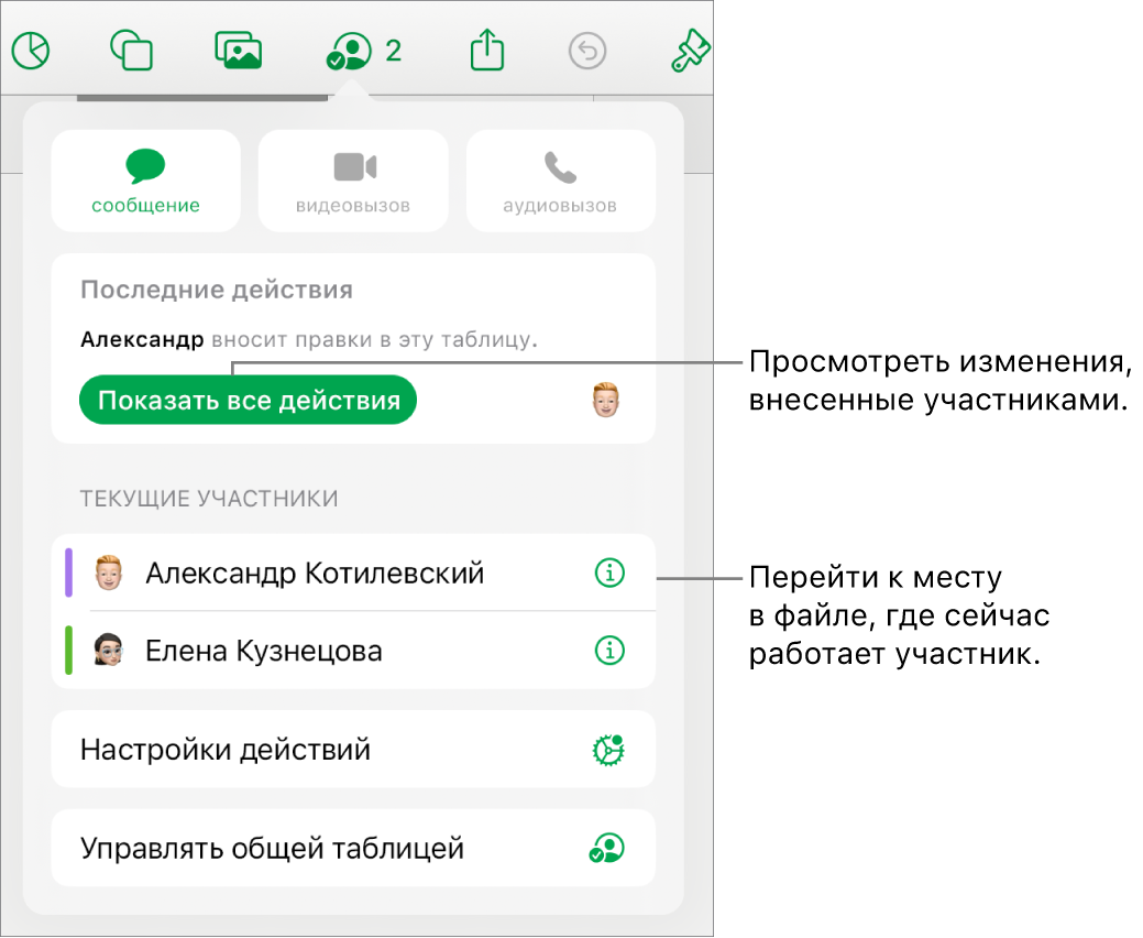 В меню совместной работы показаны активные участники.