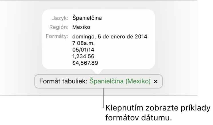 Hlásenie o inom jazyku a nastavení regiónu zobrazujúce príklady formátovania v danom jazyku a regióne.