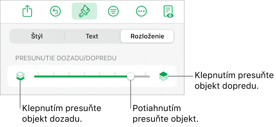 Tlačidlo Presunúť dozadu, tlačidlo Presunúť dopredu a posuvník vrstiev.