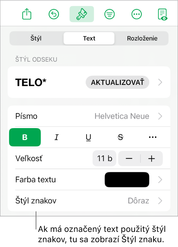 Ovládacie prvky Text s položkou Štýl znakov pod ovládacími prvkami Farba. Štýl znakov Žiadne sa zobrazuje s hviezdičkou.