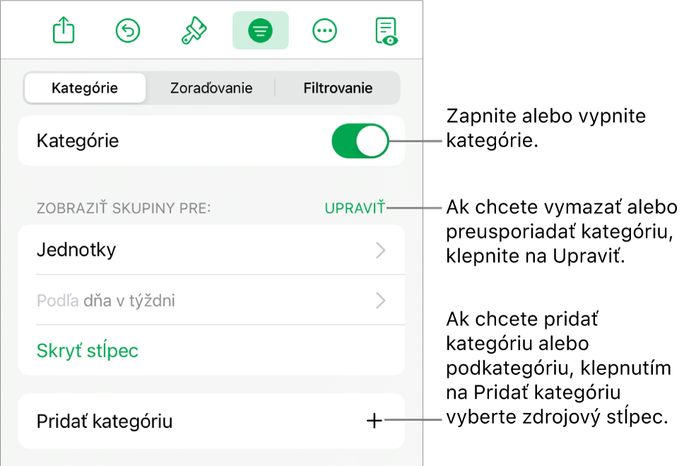 Menu Kategórie pre iPad s možnosťami vypnutia kategórií, vymazania kategórií, zmeny zoskupenia dát, skrytia zdrojového stĺpca a pridania kategórií.