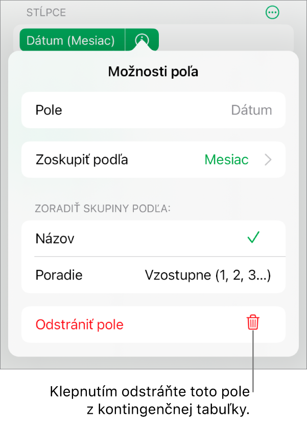 Menu Možnosti poľa zobrazujúce ovládacie prvky na zoskupenie a zoradenie dát, ako aj možnosť na odstránenie poľa.