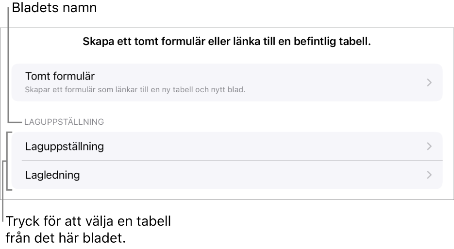 En lista med tabeller som finns i samma kalkylblad med möjligheten att skapa ett tomt formulär högst upp.