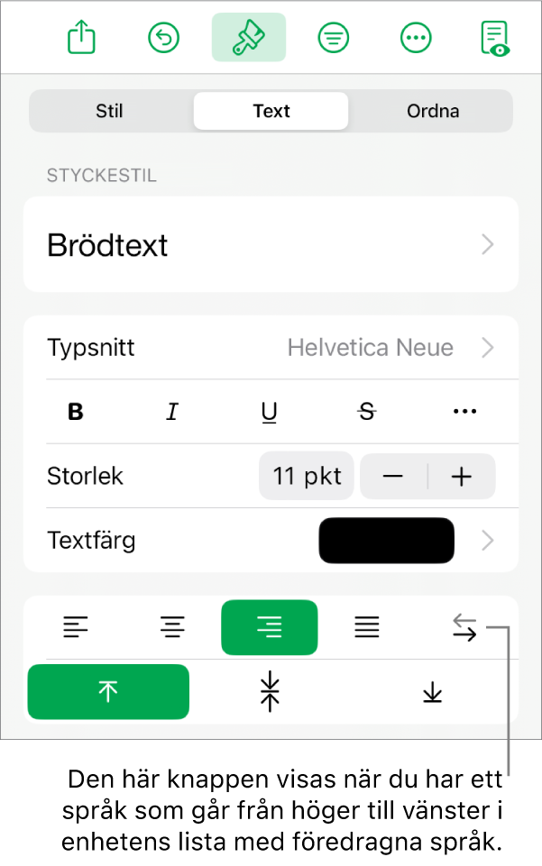 Stilavsnittet för menyn Format med en linje som pekar på höger-till-vänsterknappen.