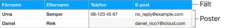 En tabell som är korrekt inställd för användning med formulär, med en rubrikrad som innehåller fältetiketterna, och en lista med poster som visar kontaktuppgifter för ett sportlag.
