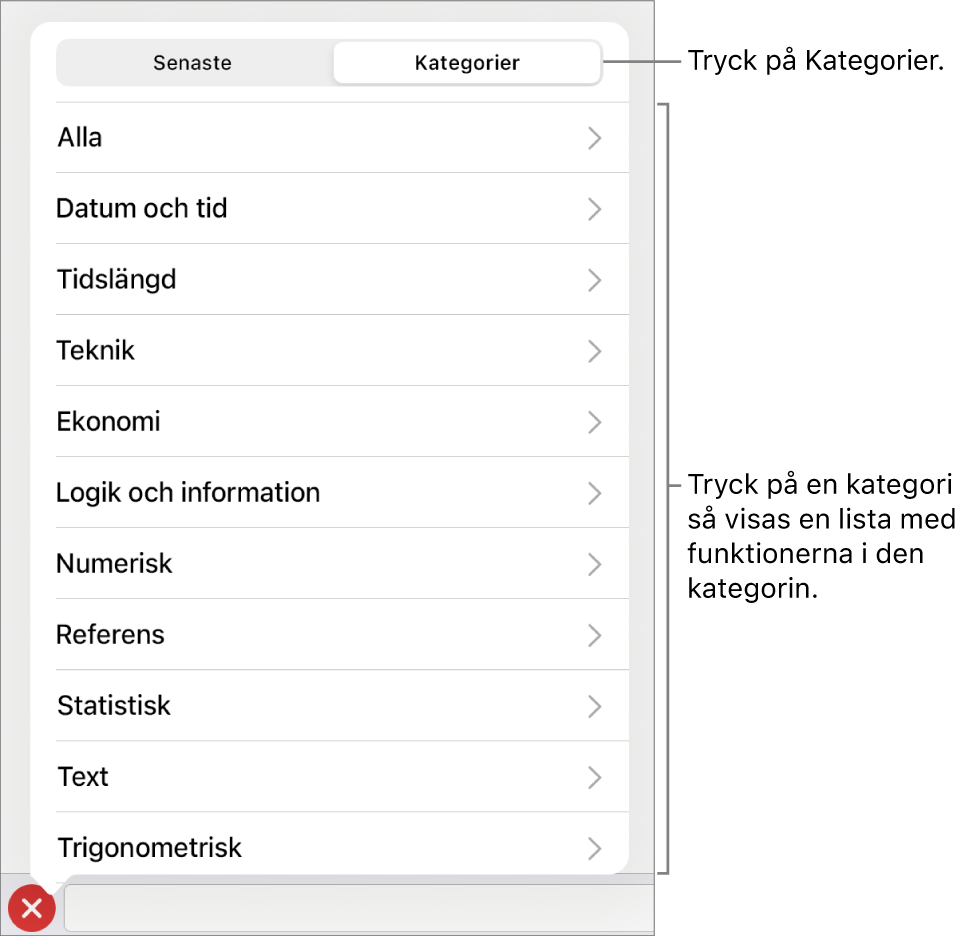 Funktionsbläddraren med en pil som pekar på knappen Kategorier och listan över kategorier.