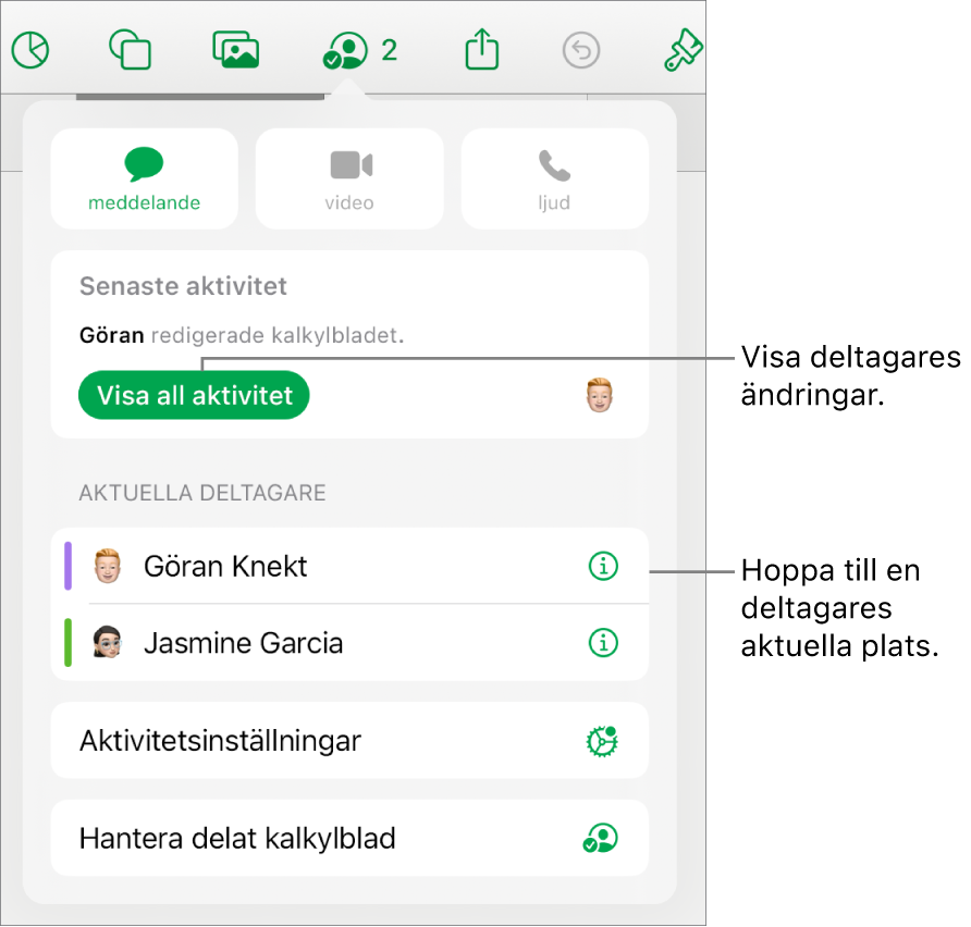 Samarbetsmenyn med aktuella deltagare listade.