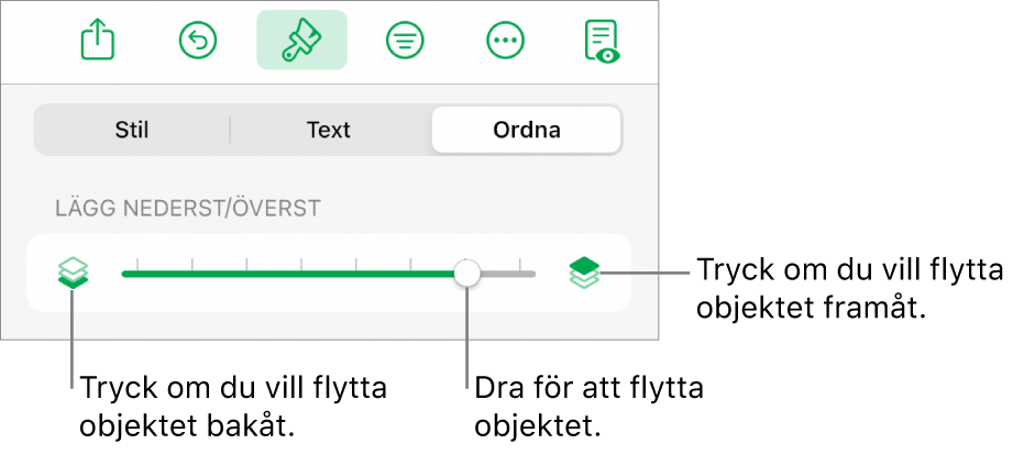 Knappen för att flytta bakåt, knappen för att flytta framåt och lagerreglaget.