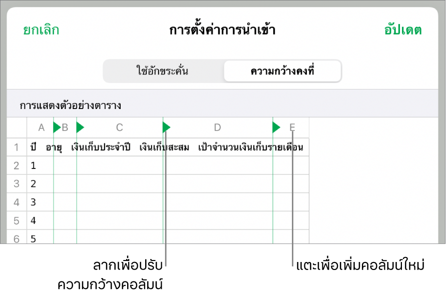 การตั้งค่าการนำเข้าสำหรับไฟล์ข้อความที่ความกว้างคงที่