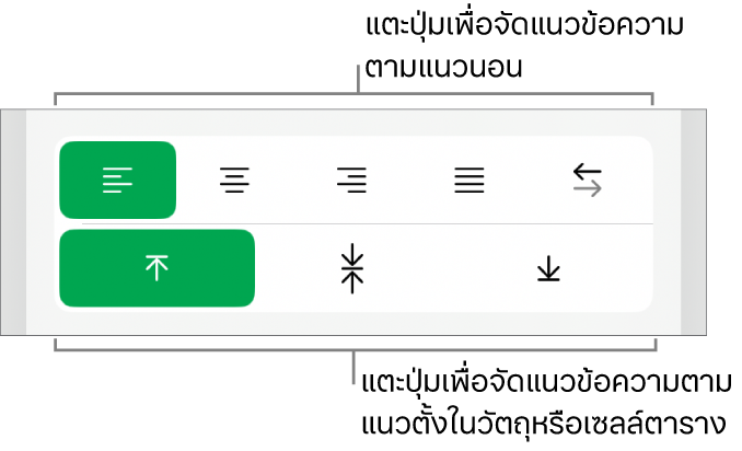 ปุ่มการจัดแนวแนวนอนและแนวตั้งสำหรับข้อความ