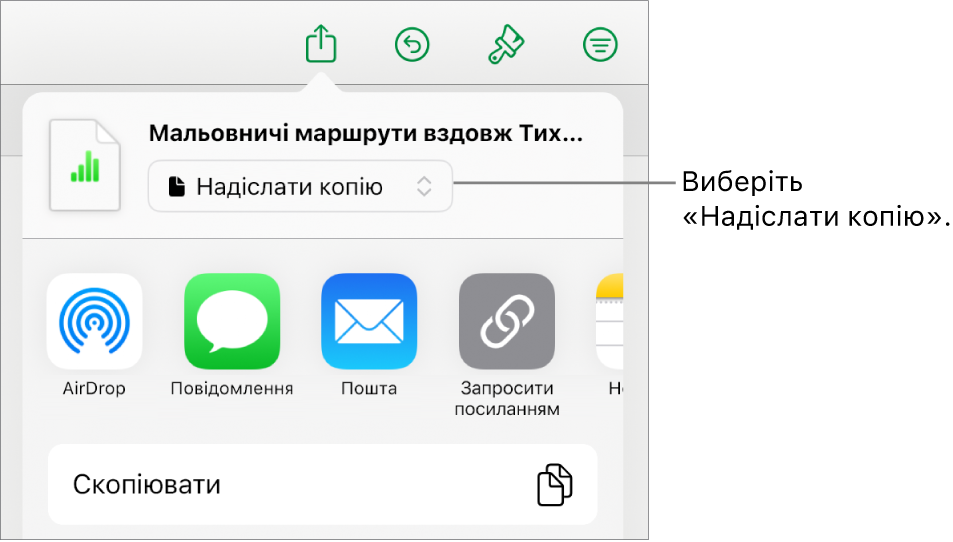 Меню «Поширення», у якому вгорі вибрано елемент «Поширити копію».