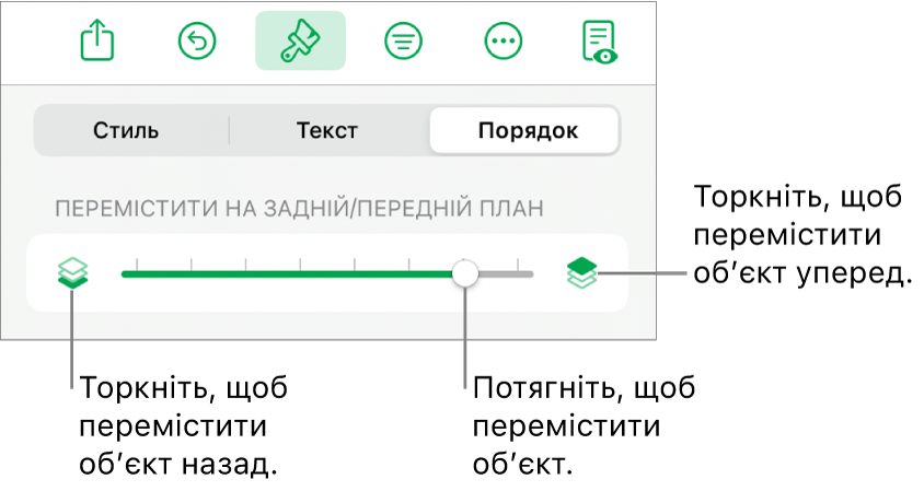 Кнопка переміщення назад, кнопка переміщення вперед і повзунок шарів.