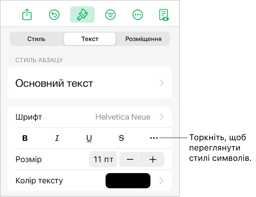 Елементи керування форматуванням зі стилями абзаців вгорі і елементи керування шрифтом нижче. В елементах керування шрифтом є кнопки «жирний», «курсив», «підкреслений», «перекреслений» та інші опції тексту.