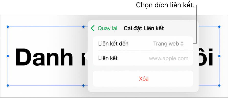 Các điều khiển Cài đặt Liên kết với Trang web được chọn và nút Xóa nằm ở cuối.