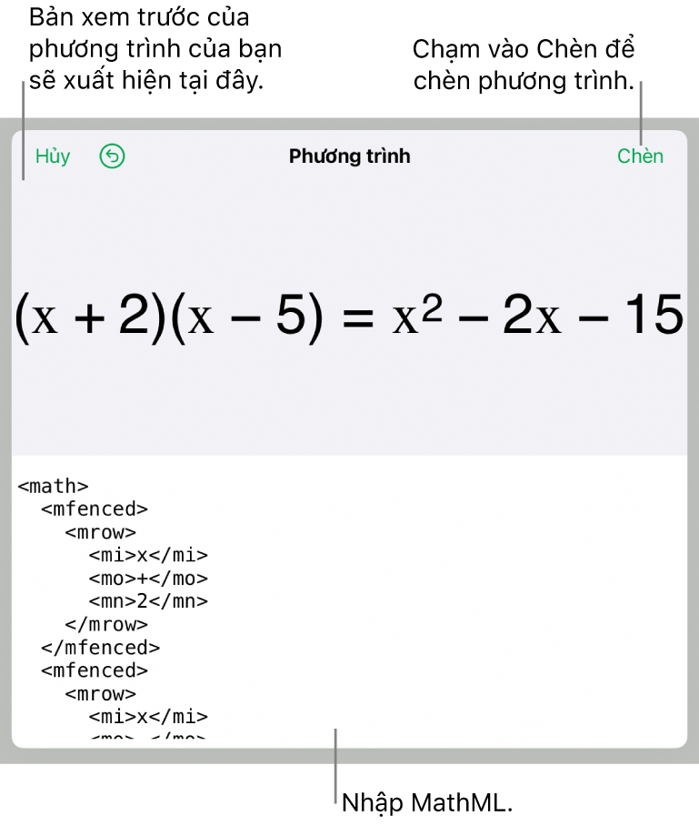 Hộp thoại Phương trình, đang hiển thị phương trình được viết bằng các lệnh MathML và bản xem trước của công thức ở bên trên.