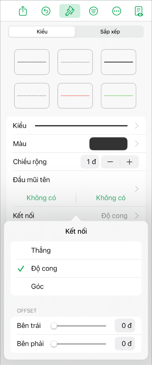 Các điều khiển Kết nối với Cong được chọn.
