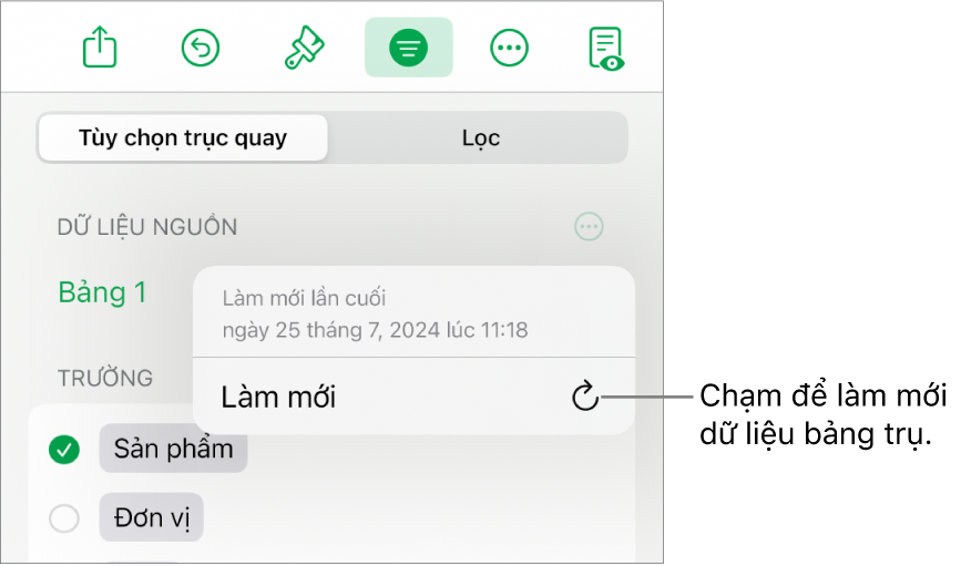 Menu Tùy chọn trục quay đang hiển thị tùy chọn làm mới bảng trụ.