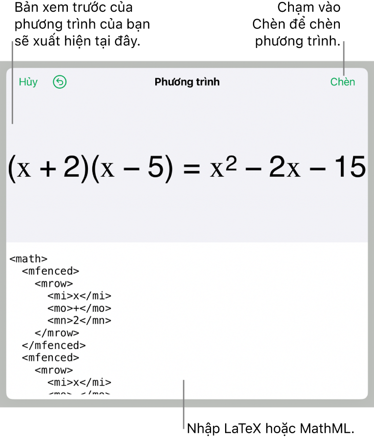 Hộp thoại Phương trình, đang hiển thị phương trình được viết bằng các lệnh MathML và bản xem trước của công thức ở bên trên.