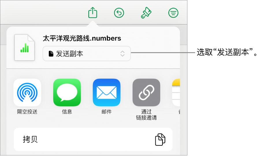 顶部已选中“发送副本”的“共享”菜单。