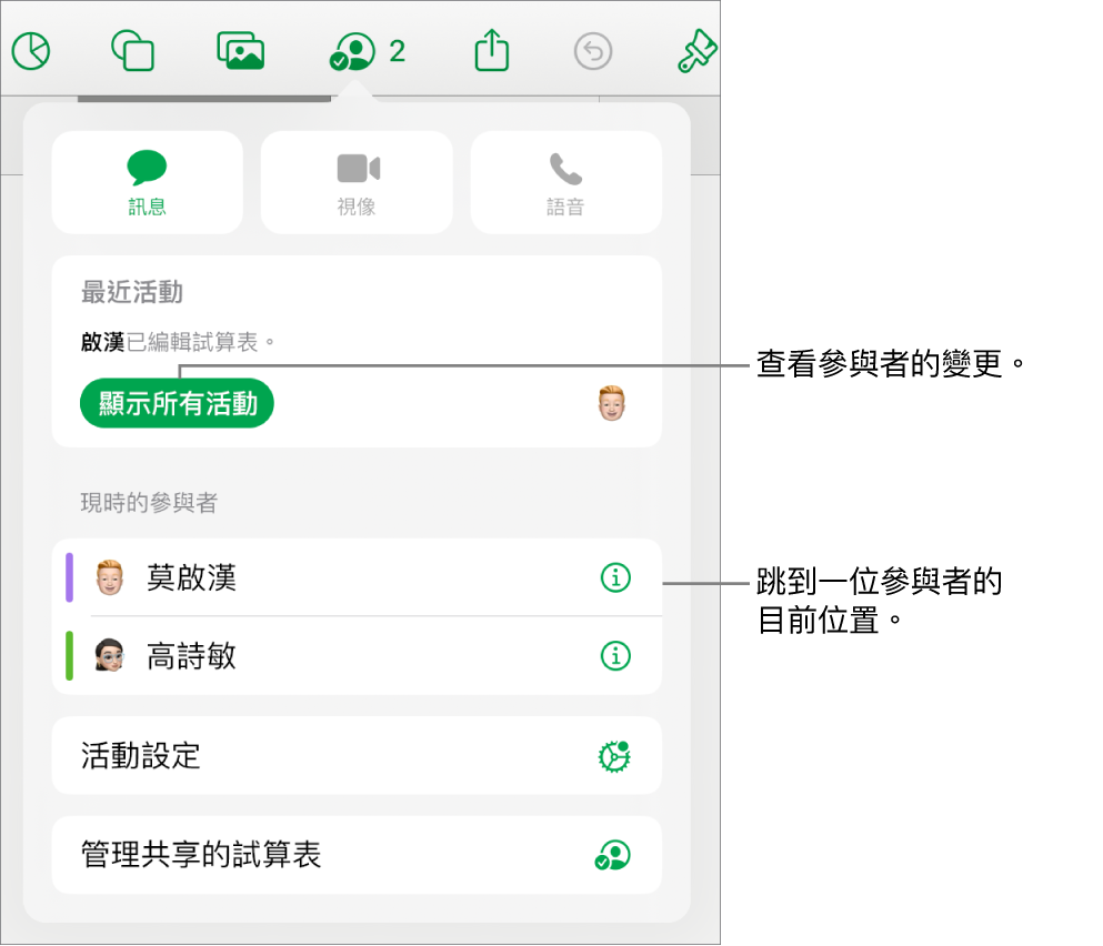 共同編輯選單,其中列出目前的參與者。