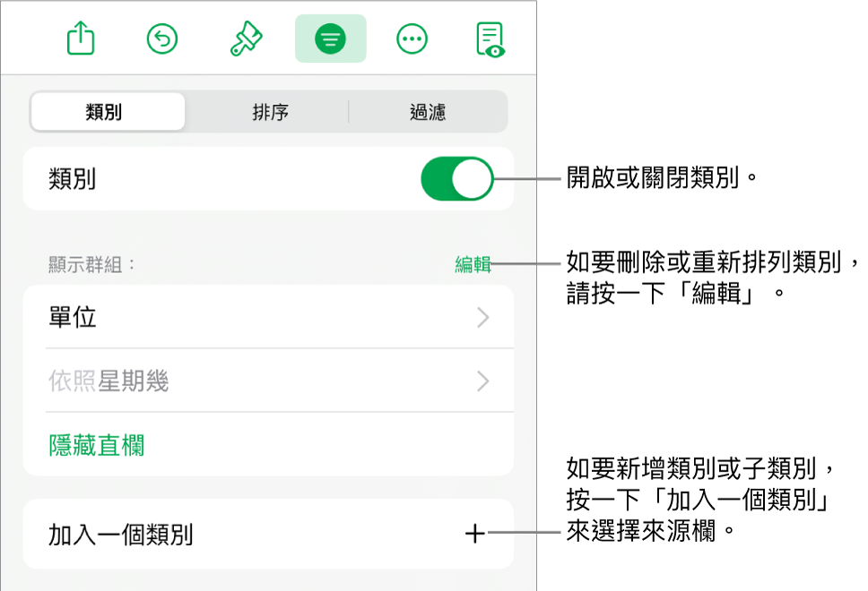 iPad 版的「類別(選單包括以下選項:關閉類別、刪除類別、重新分類資料、隱藏來源欄和加入類別。