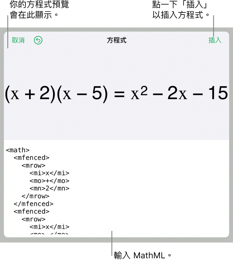 「方程式」對話框，顯示使用 MathML 指令寫入的方程式，上方是公式的預覽。