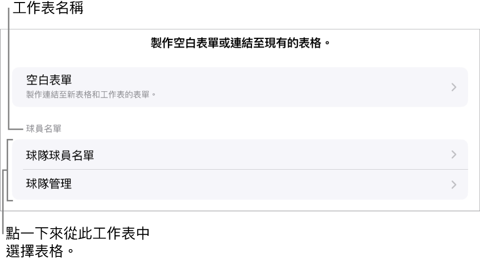 表格列表在同一個試算表上顯示,以及最上方顯示製作空白表單的選項。