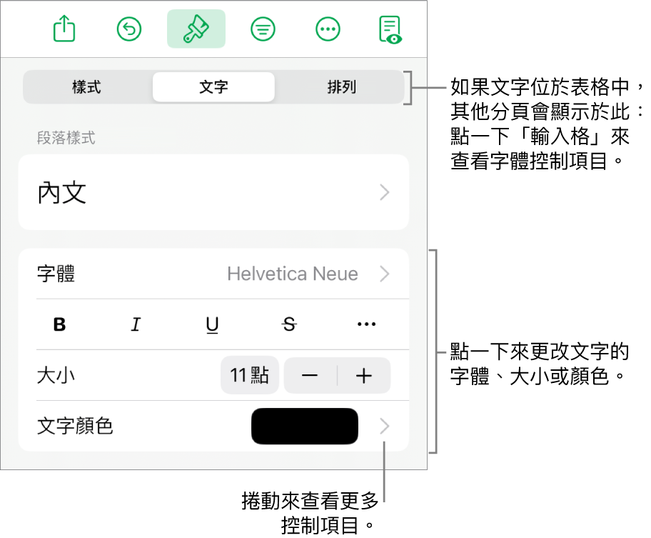 「格式」選單中設定段落及字元樣式、字體、大小和顏色的文字控制項目。