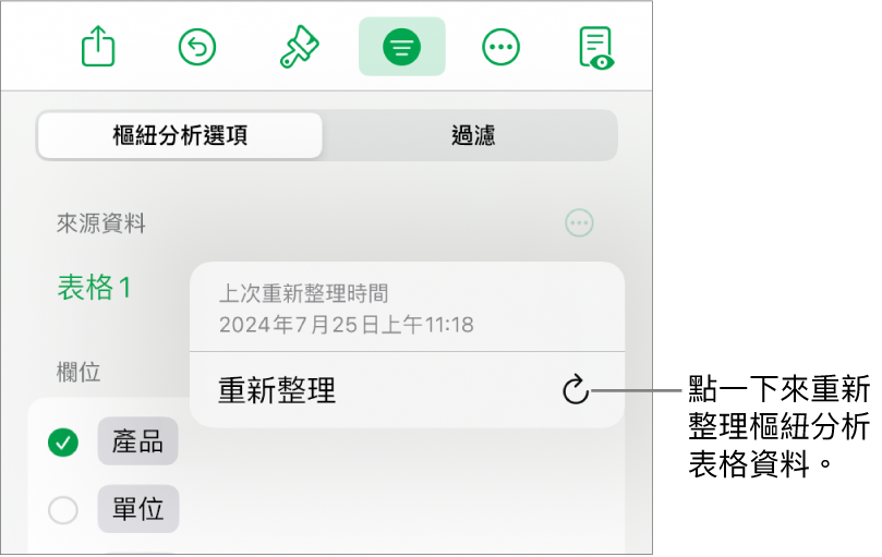「樞紐分析選項」選單顯示重新整理樞紐分析表格的選項。