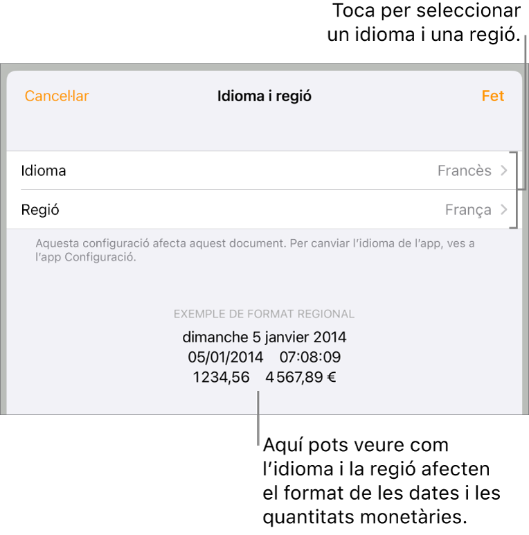El tauler “Idioma i regió” en què es mostren els controls per a l’idioma i la regió i un exemple de format per a la data, l’hora, els decimals i la moneda.
